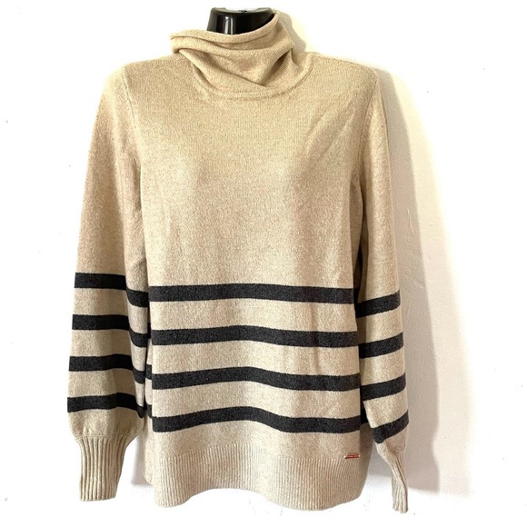 MICHAEL KORS BASICS OATMEAL HEATHER  STRIPED TURTLENECK SWEATER - Picture 3 of 11